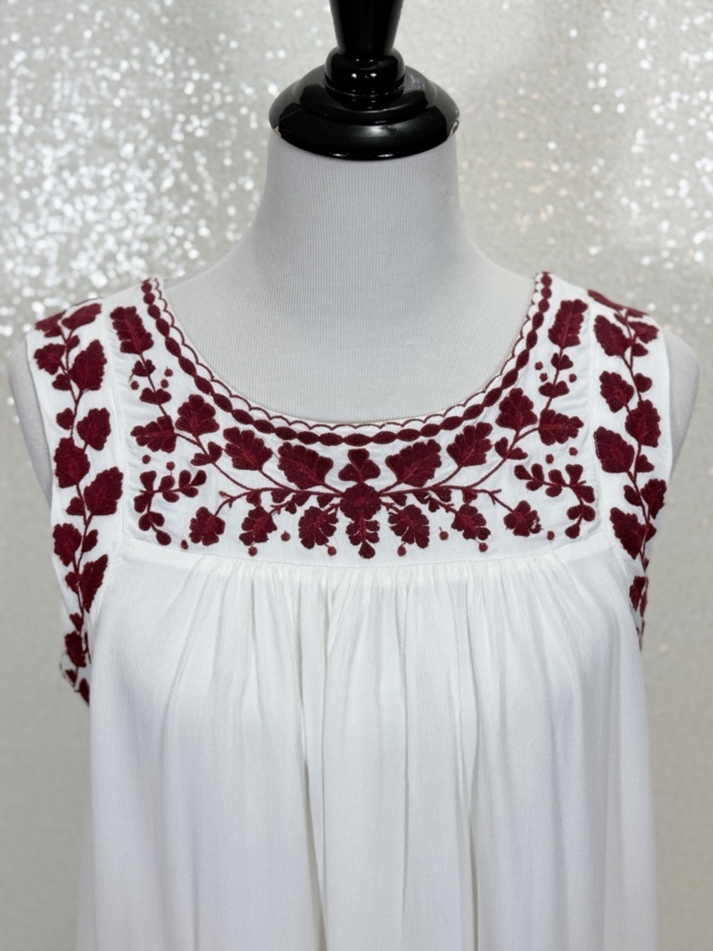 Lucky Brand White Embroidered Dress Boho Tunic Shift maroon embroidered floral - Picture 15 of 16